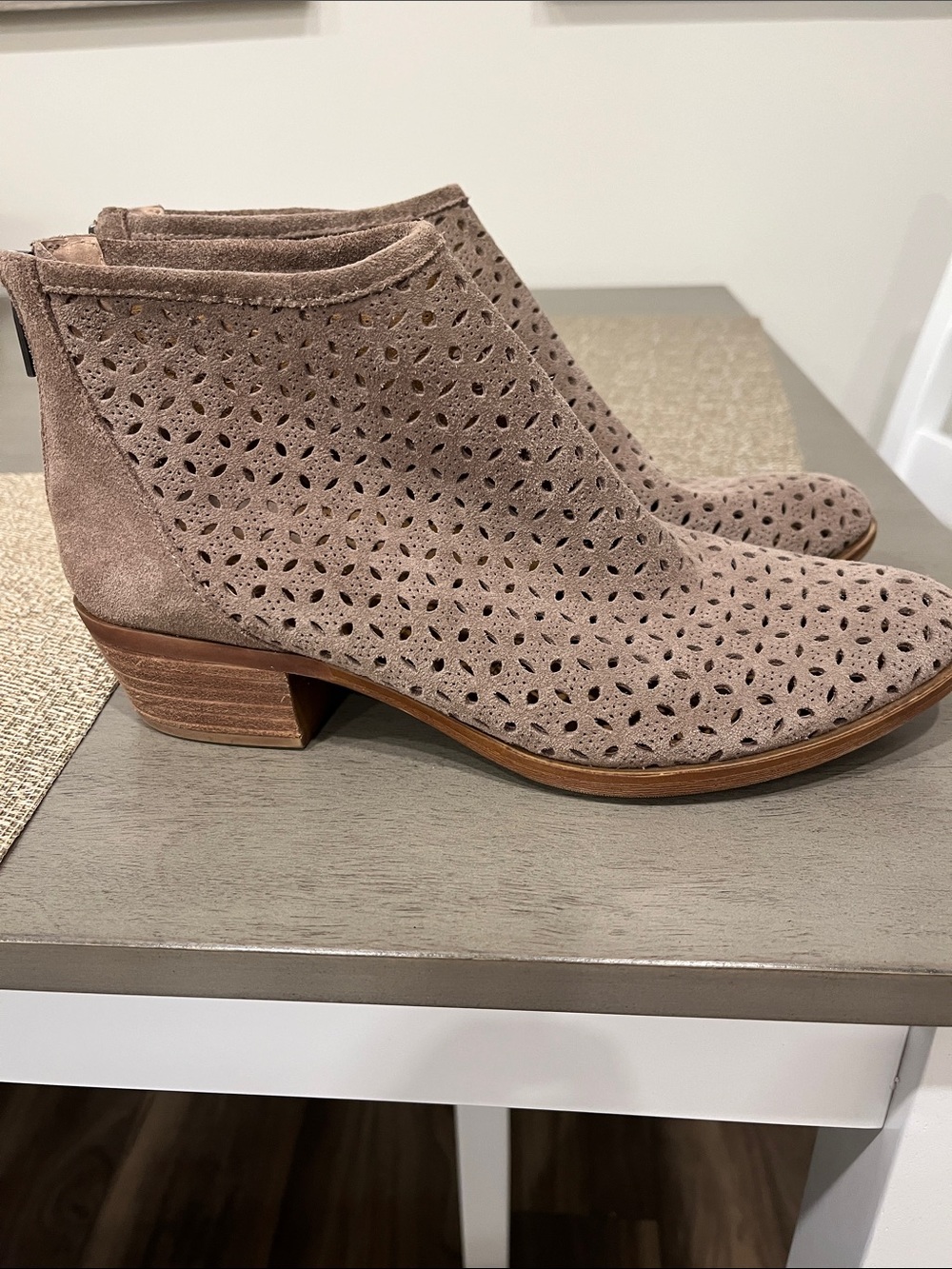 Lucky Brand Taupe Suede Perforated Ankle Booties